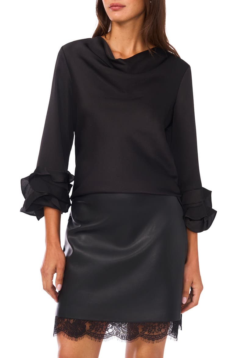 Tiered Ruffle Sleeve Satin Top, Main, color, RICH BLACK