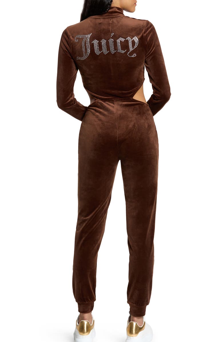 Juicy Couture Bling Cutout Long Sleeve Velour Jumpsuit, Alternate, color, 