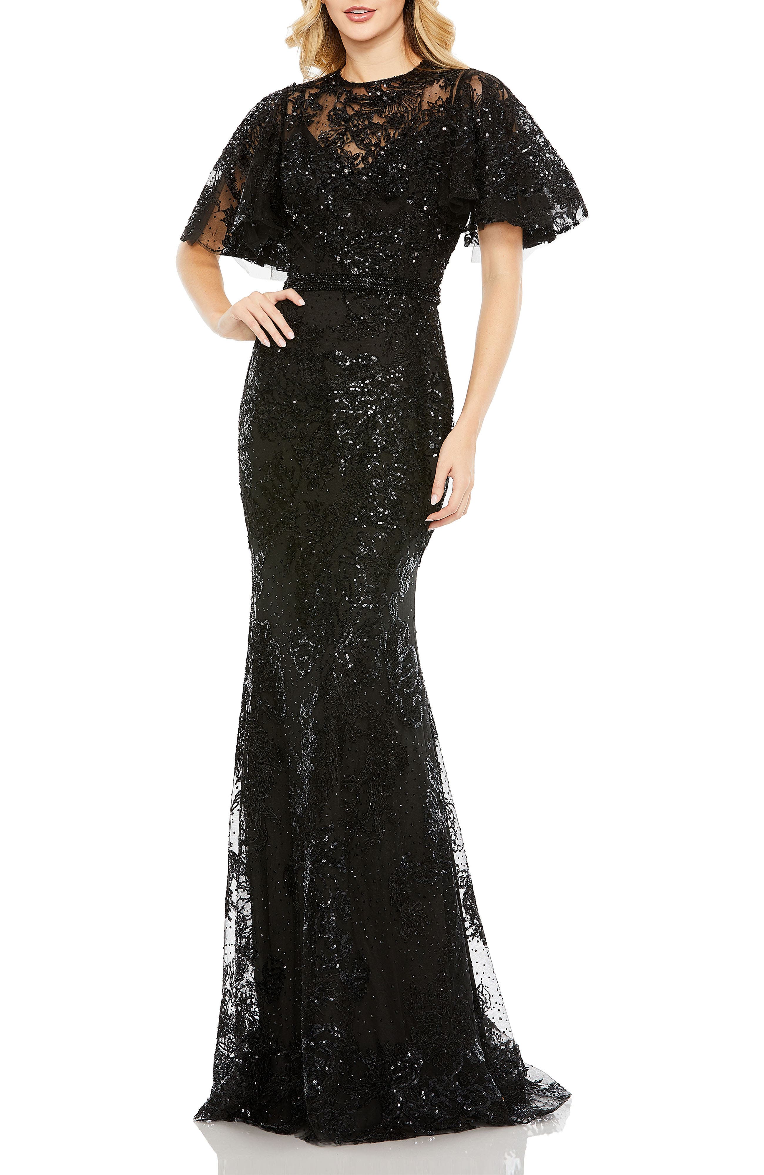 Embellished Flutter Sleeve High Neck Gown