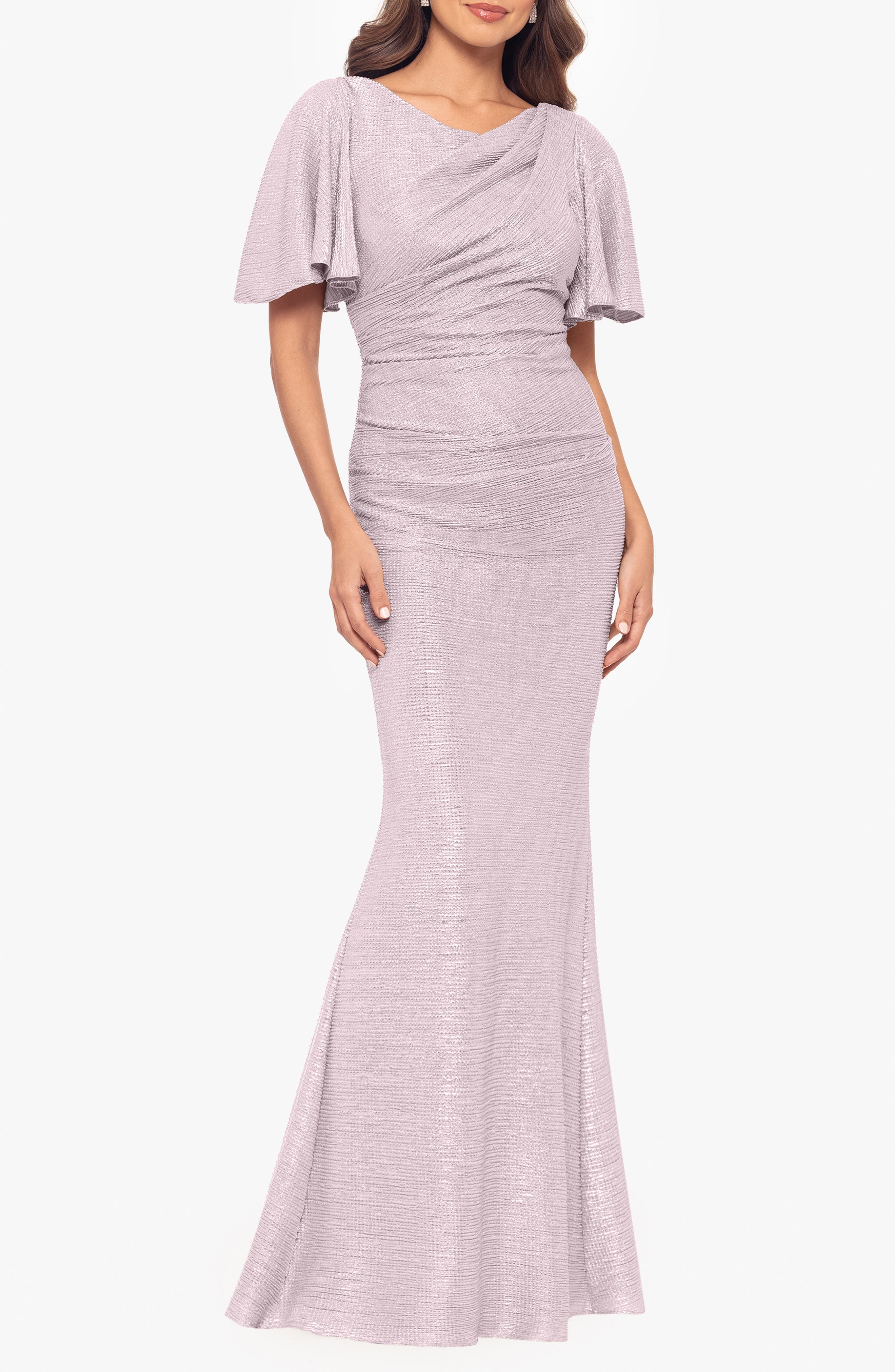 Betsy & Adam Quicksilver Flutter Sleeve Trumpet Gown