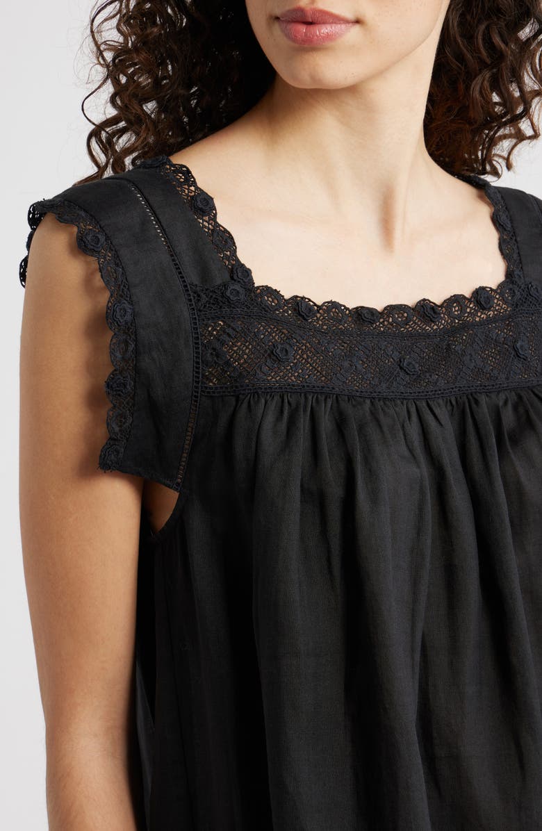 DÔEN Almadia Lace Trim Ramie Shift Minidress, Alternate, color, Black