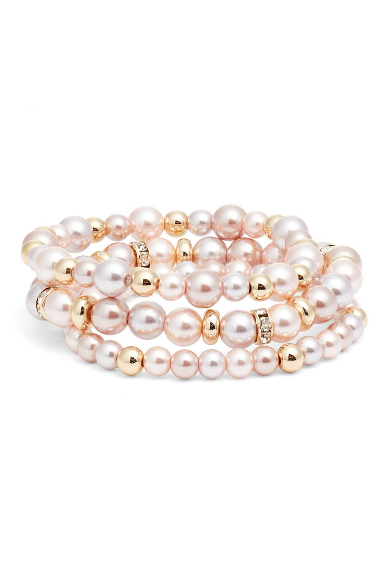 Set of 3 Faux Pearl Stretch Bracelets, Main, color, BLUSH- GOLD