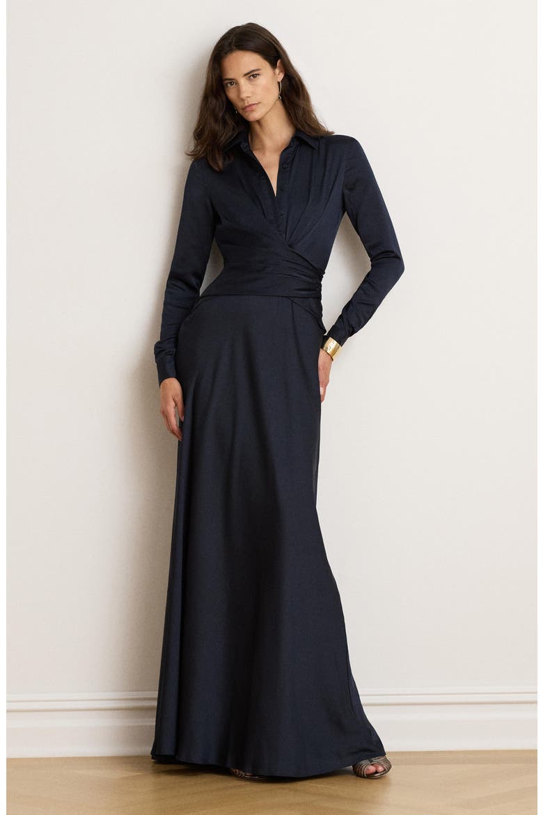 Featherweight Satin Charmeuse Shirtdress Gown, Alternate, color, LAUREN NAVY
