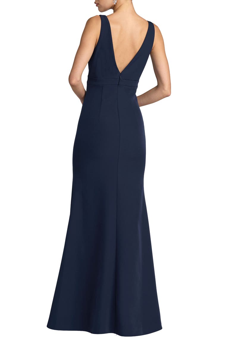 Crepe Sleeveless V Neck Sheath Gown With Bow, Alternate, color, Midnight