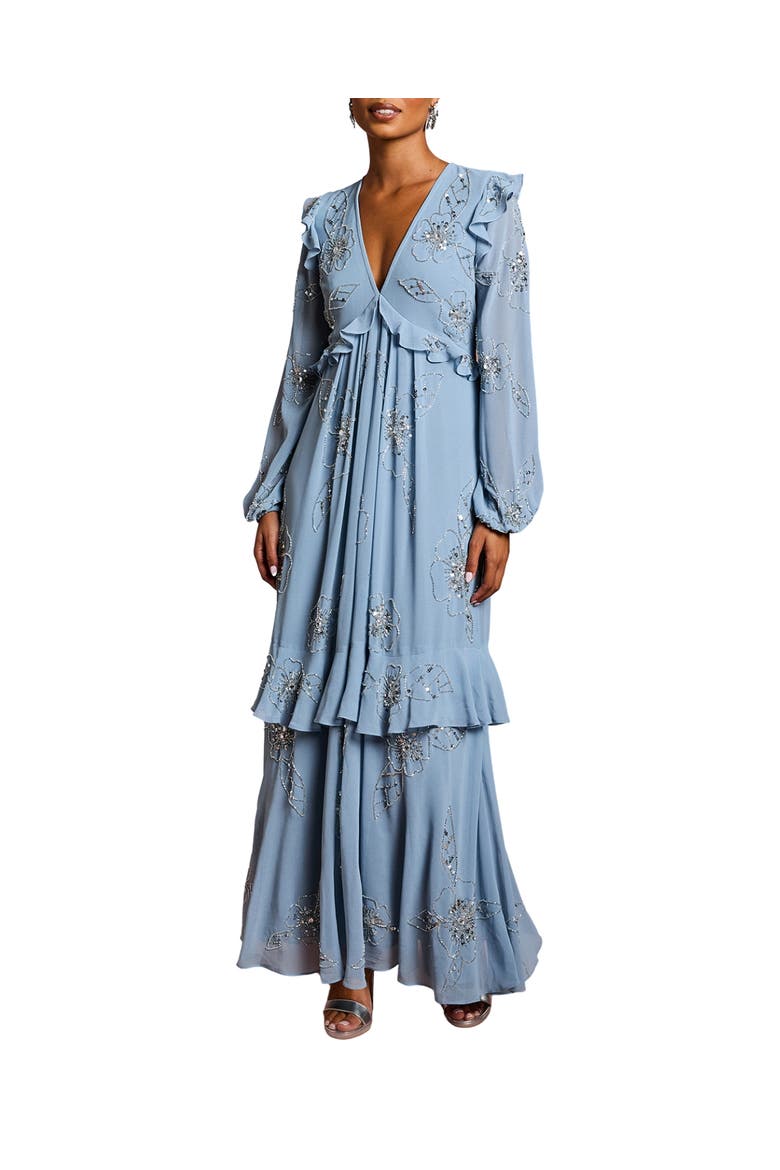 Petite Embellished Flower Georgette Dress, Main, color, Dusty Blue