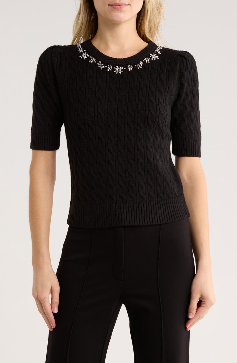 ELIE ELIE TAHARI Jeweled Short Sleeve Sweater, Main, color, Black