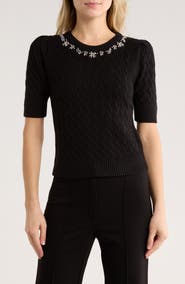 ELIE ELIE TAHARI Jeweled Short Sleeve Sweater