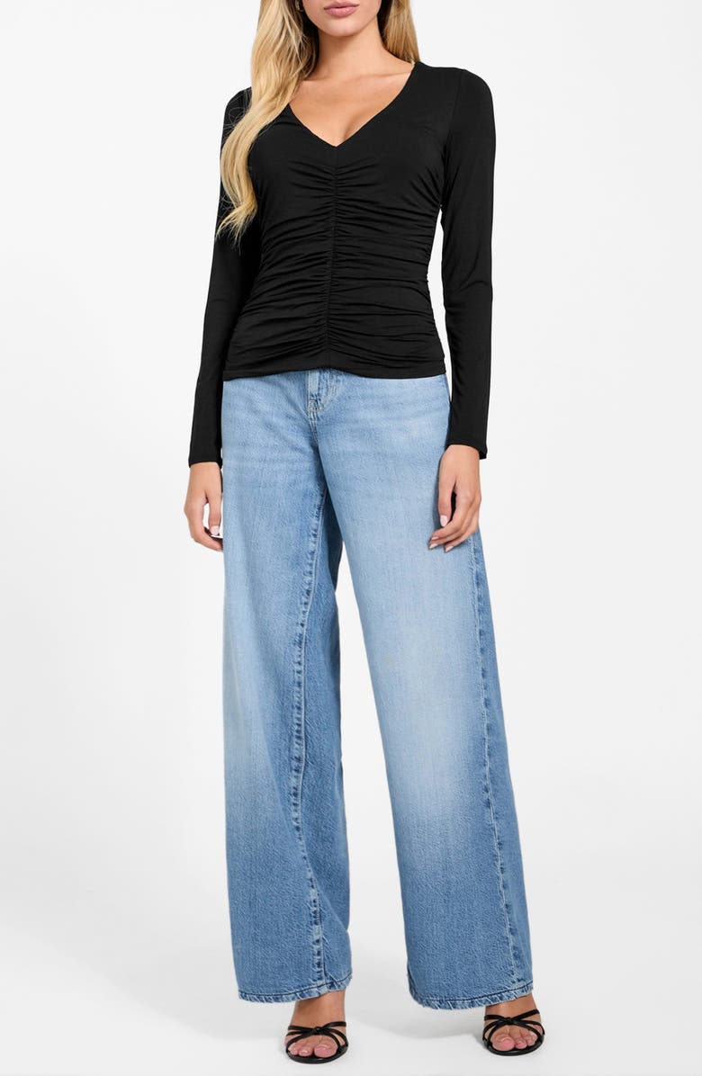 GUESS Ayleen Ruched Long Sleeve Jersey Top, Alternate, color, Jblack-Black
