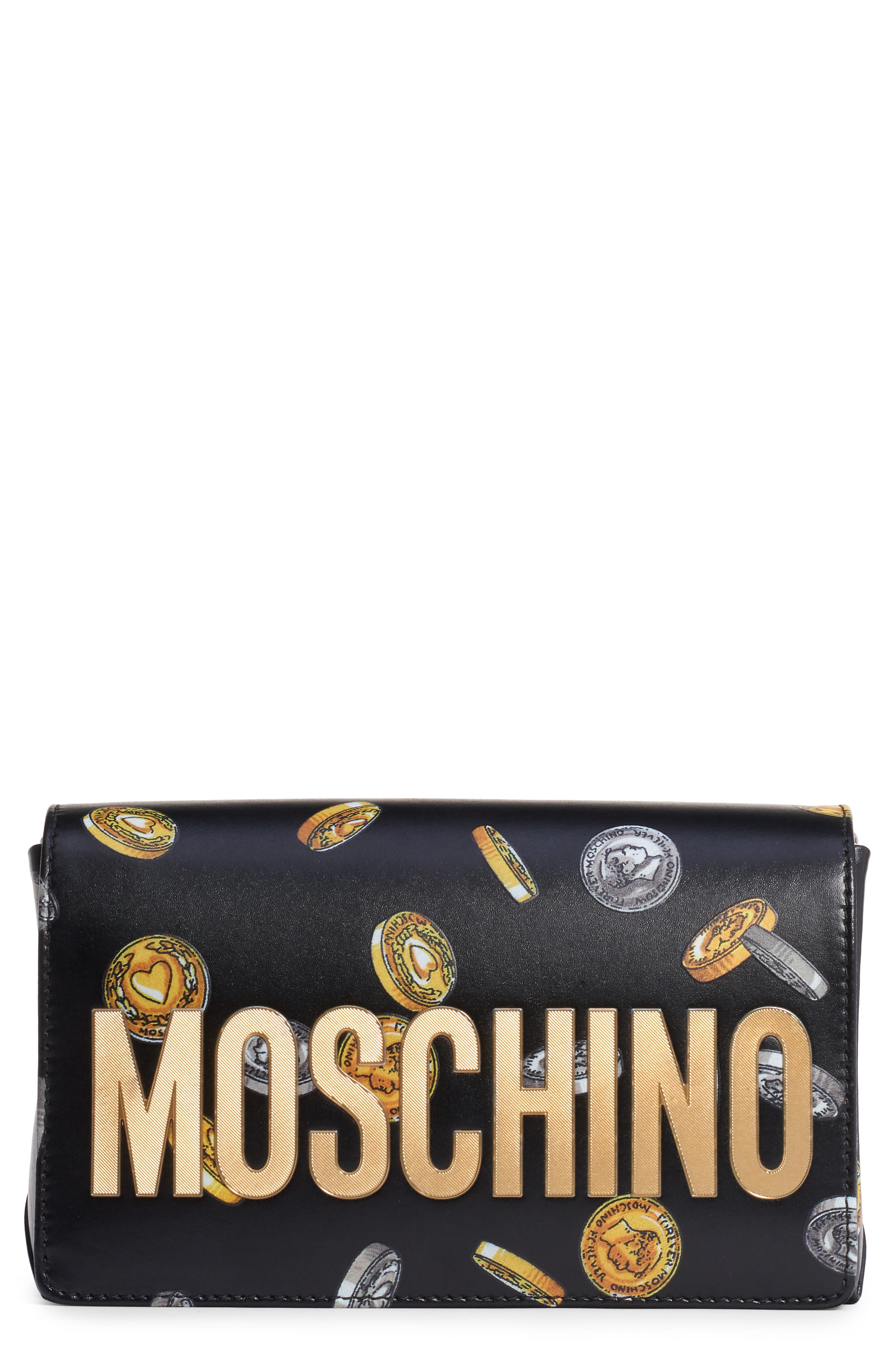 Moschino Logo Coin Print Faux Leather Crossbody Bag, Main, color, 