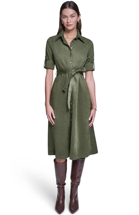 Short Sleeve Suede Midi Shirt Dress