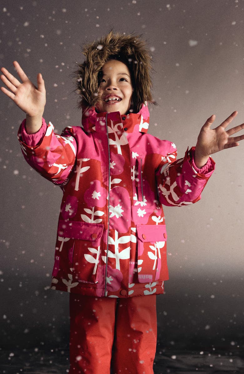Mini Boden Kids' All Weather Faux Fur Trim Hooded Waterproof Coat, Alternate, color, Giant Pink Flower