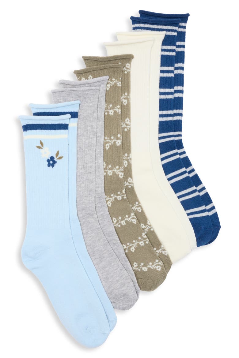Roll Top 5-Pack Assorted Crew Socks, Main, color, LIGHT BLUE FLORAL MULTI