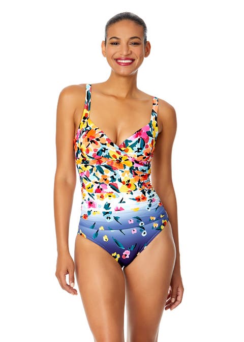 Women's Gradient Floral Underwire Surplice One Piece Swimsuit
