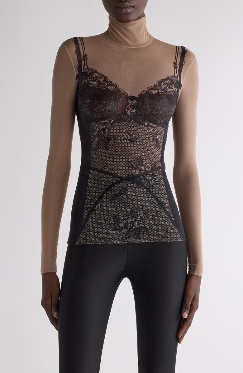 Balenciaga Trompe l'Oeil Lingerie Mesh Top, Main, color, Black/ Light Beige
