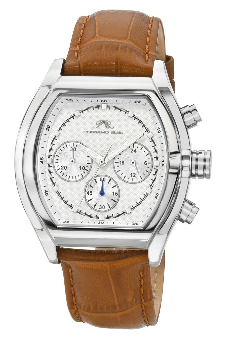 Roman Chronograph Croc Embossed Leather Strap Watch, 42mm, Main, color, BROWN