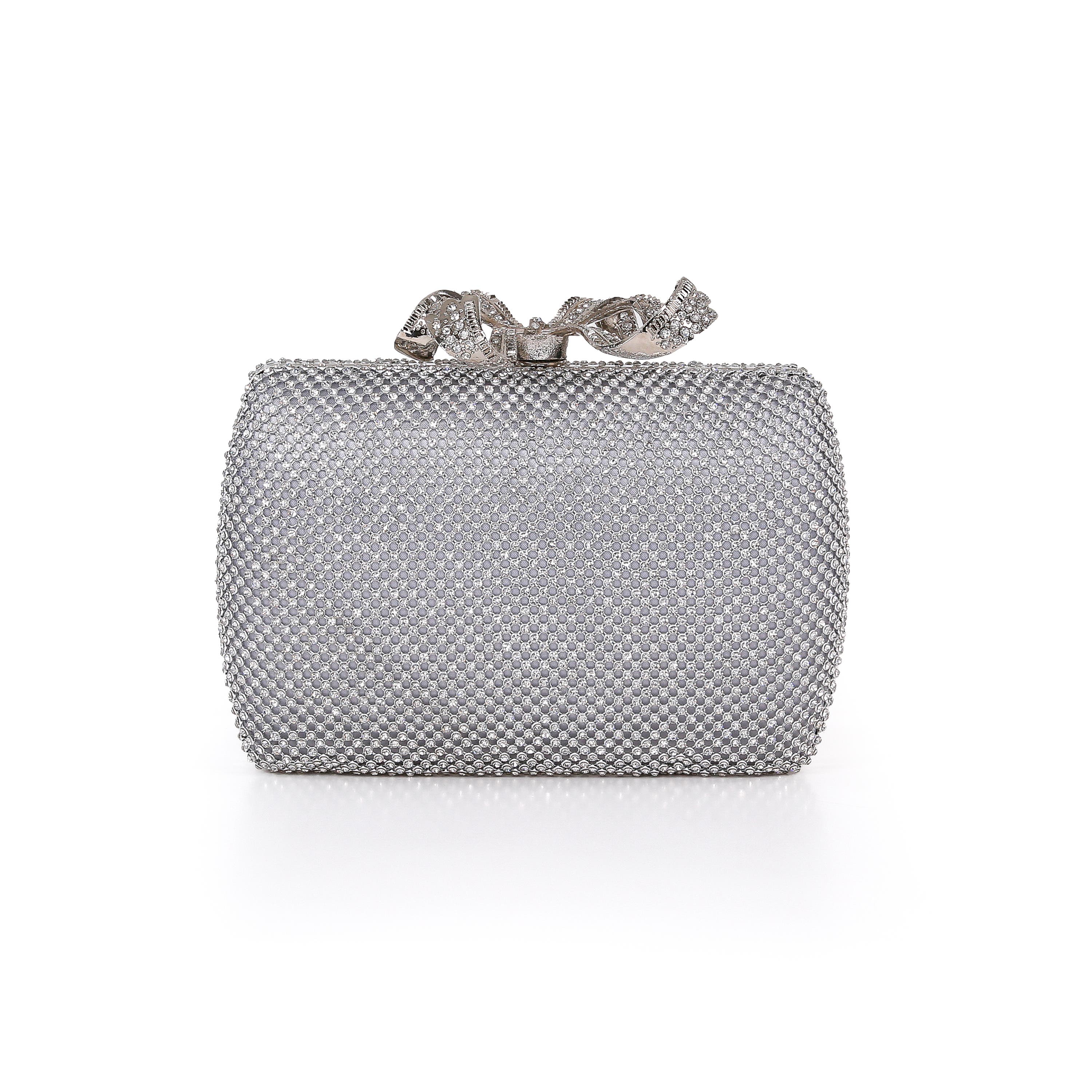Cassia Crystal Minaudiere w. Bow Clasp, Main, color, Silver