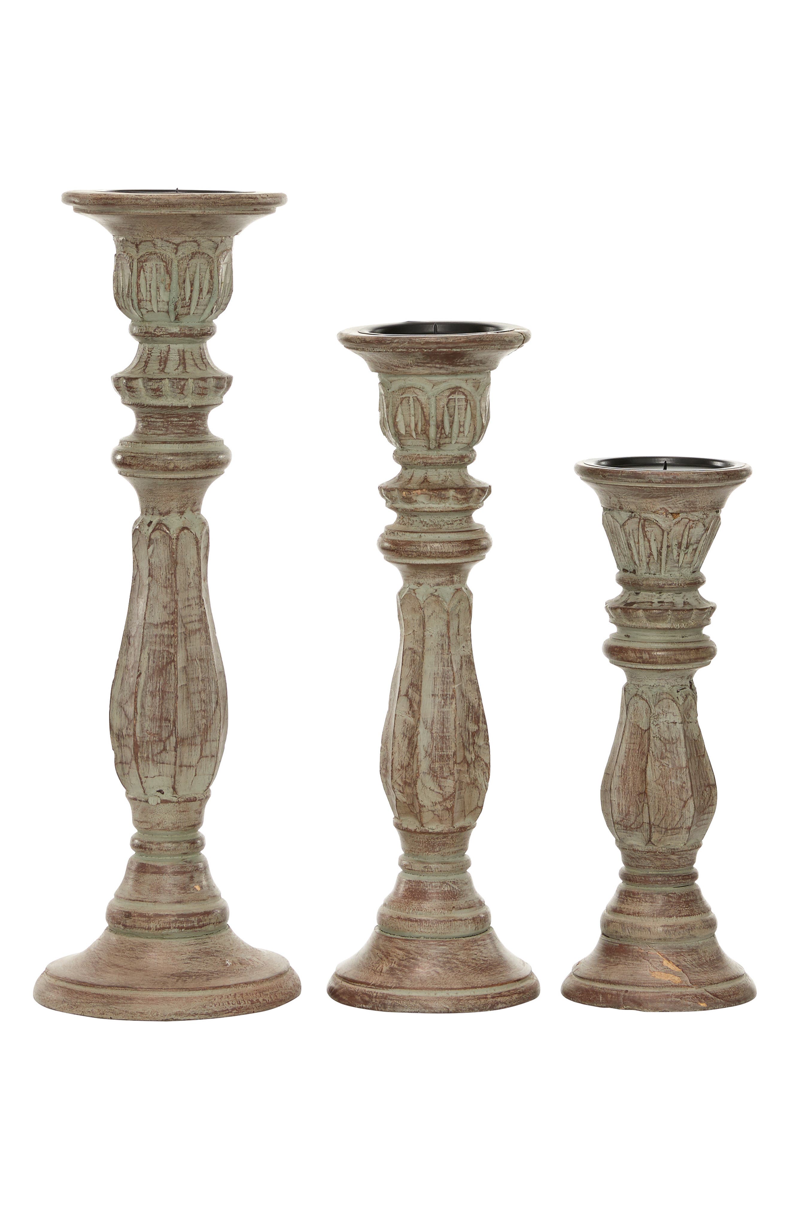 UMA Brown Mango Wood Traditional Candle Holder - Set of 3