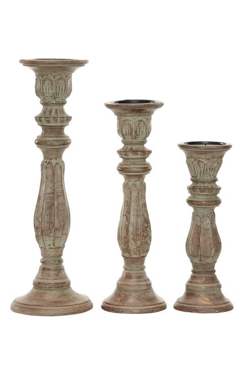 Brown Mango Wood Traditional Candle Holder - Set of 3