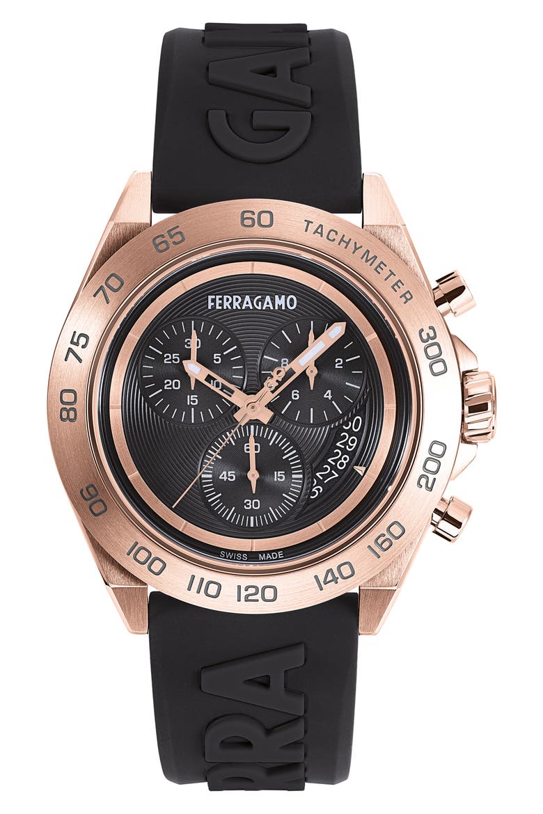 Chronograph Silicone Strap Watch, 43mm, Main, color, ROSE GOLD