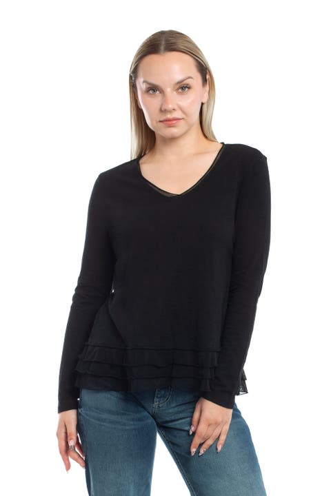 V-Neck Mixed Media Long Sleeve Tee With Ruffle Hem