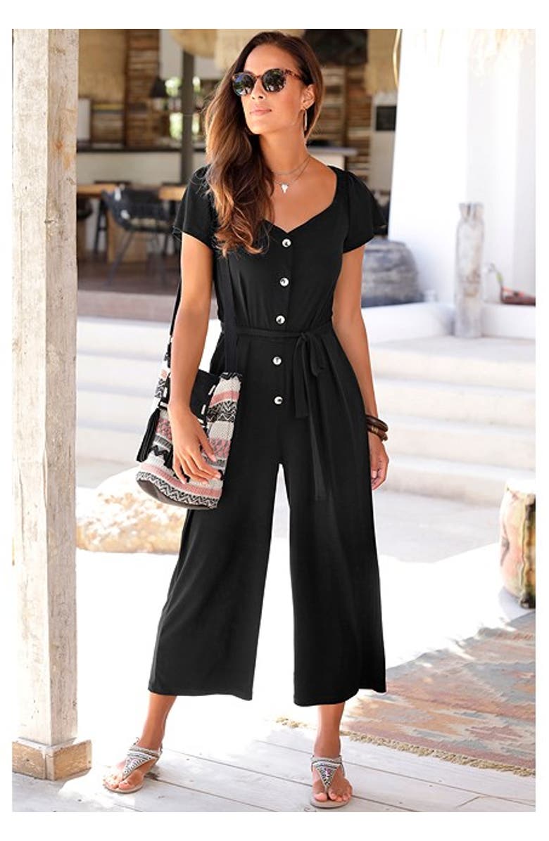 LASCANA Women's Button Detail Jumpsuit, Alternate, color, Black