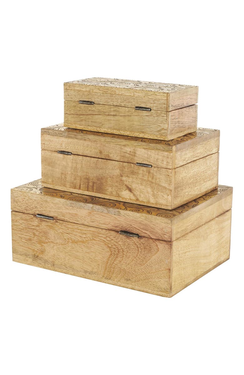SONOMA SAGE HOME Set of Three Hand Carved Storage Boxes, Alternate, color, Brown