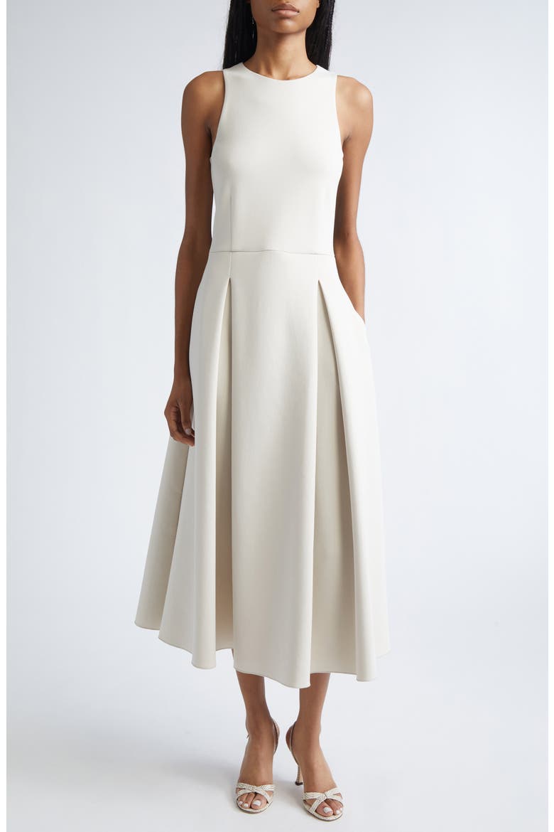 Pleated Skirt Flared Scuba Jersey Dress, Main, color, BEIGE