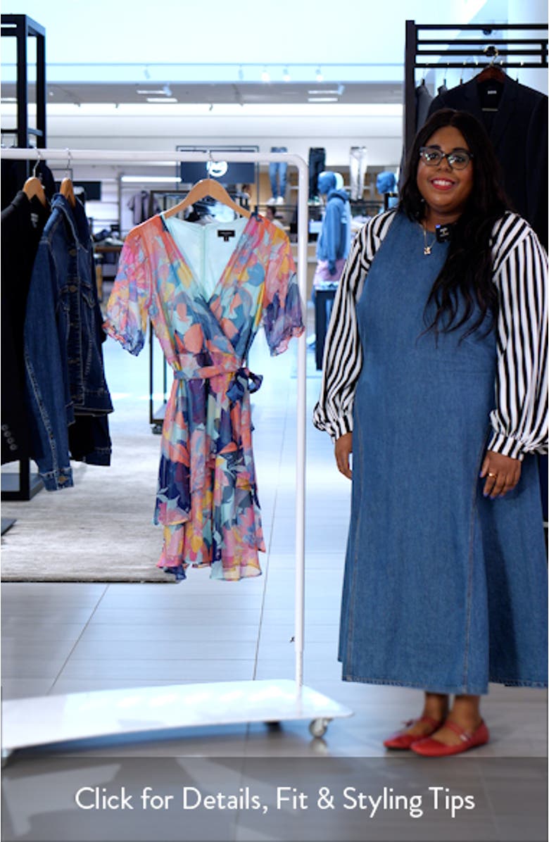 Floral Shadow Stripe Short Sleeve Faux Wrap Dress, sales video thumbnail