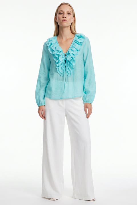 Decorative Stitch Blouse With Tie Neck