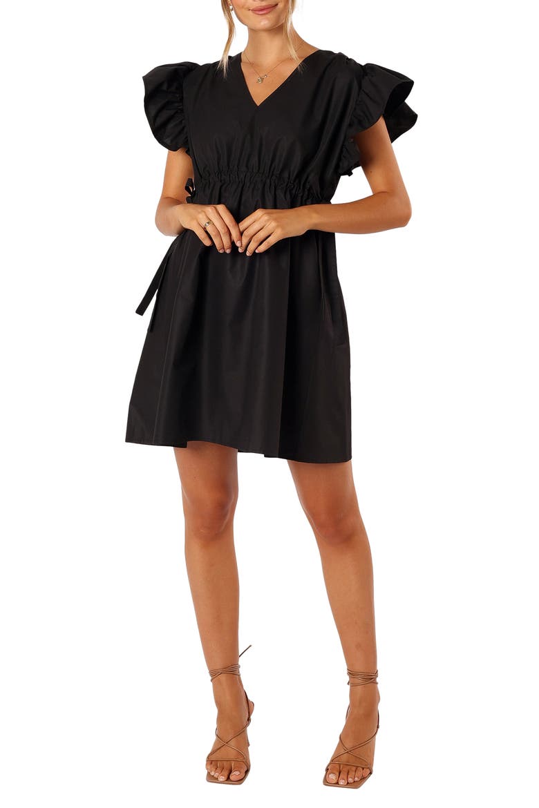 Fiona Ruffle Sleeve Cotton Minidress, Main, color, BLACK