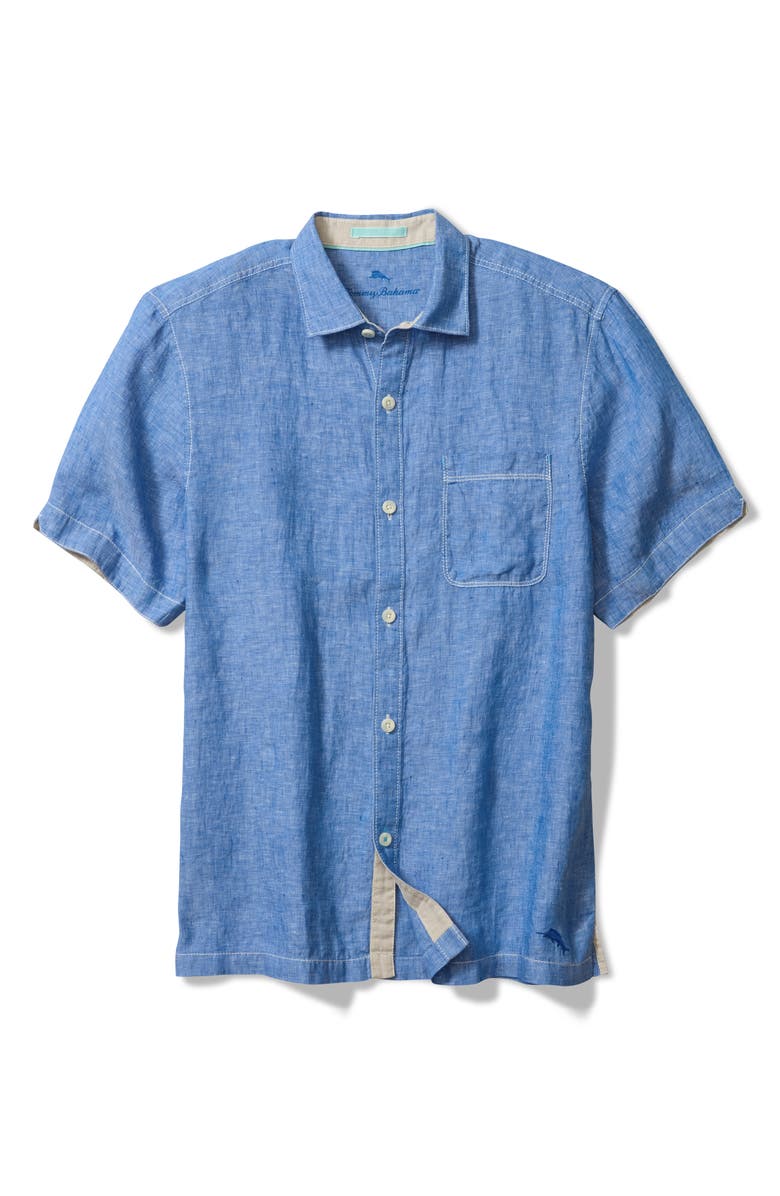 Tommy Bahama Paradise Breezer Short Sleeve Linen Button-Up Shirt, Main, color, Victoria Blue