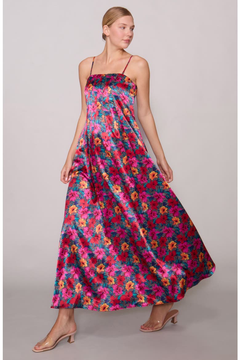 Print Sleeveless Satin Maxi Dress, Alternate, color, BLACK MAGENTA MULTI