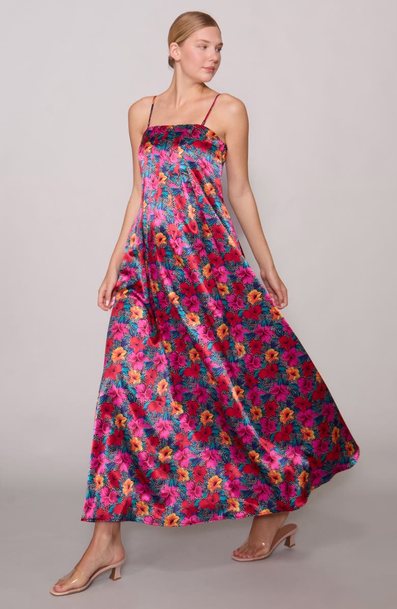 MELLODAY Print Sleeveless Satin Maxi Dress, Alternate, color, Black Magenta Multi