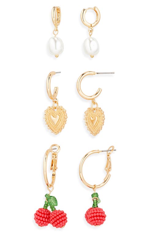 Bp. Cherry Fun Set Of 3 Huggie Hoop Earrings In Ivory- Goldherry