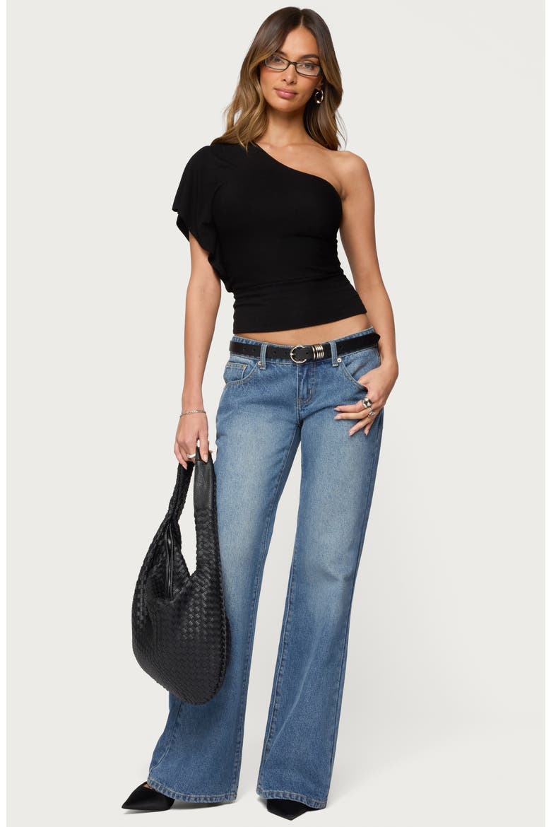 Ruched One-Shoulder Crop Top, Alternate, color, BLACK