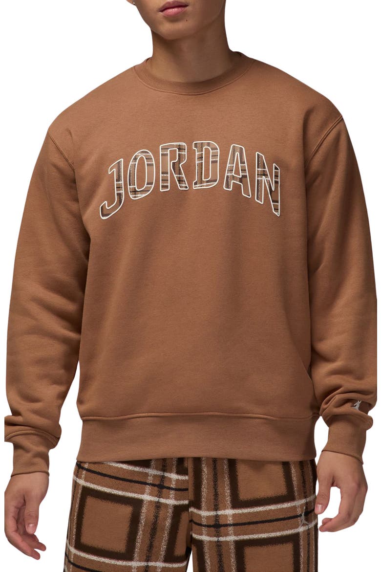 Essentials Plaid Logo Fleece Crewneck Sweatshirt, Main, color, ACORN BROWN/ SAIL