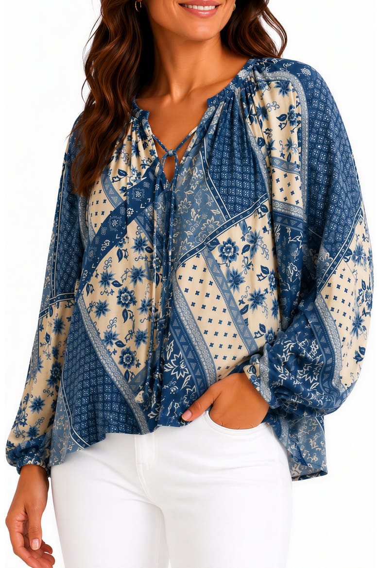 Patchwork Print Long Sleeve Top, Main, color, DENIM