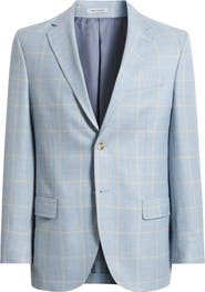 Peter Millar Hyperlight Soft Light Blue Windowpane Check Slub Wool & Silk Blend Sport Coat