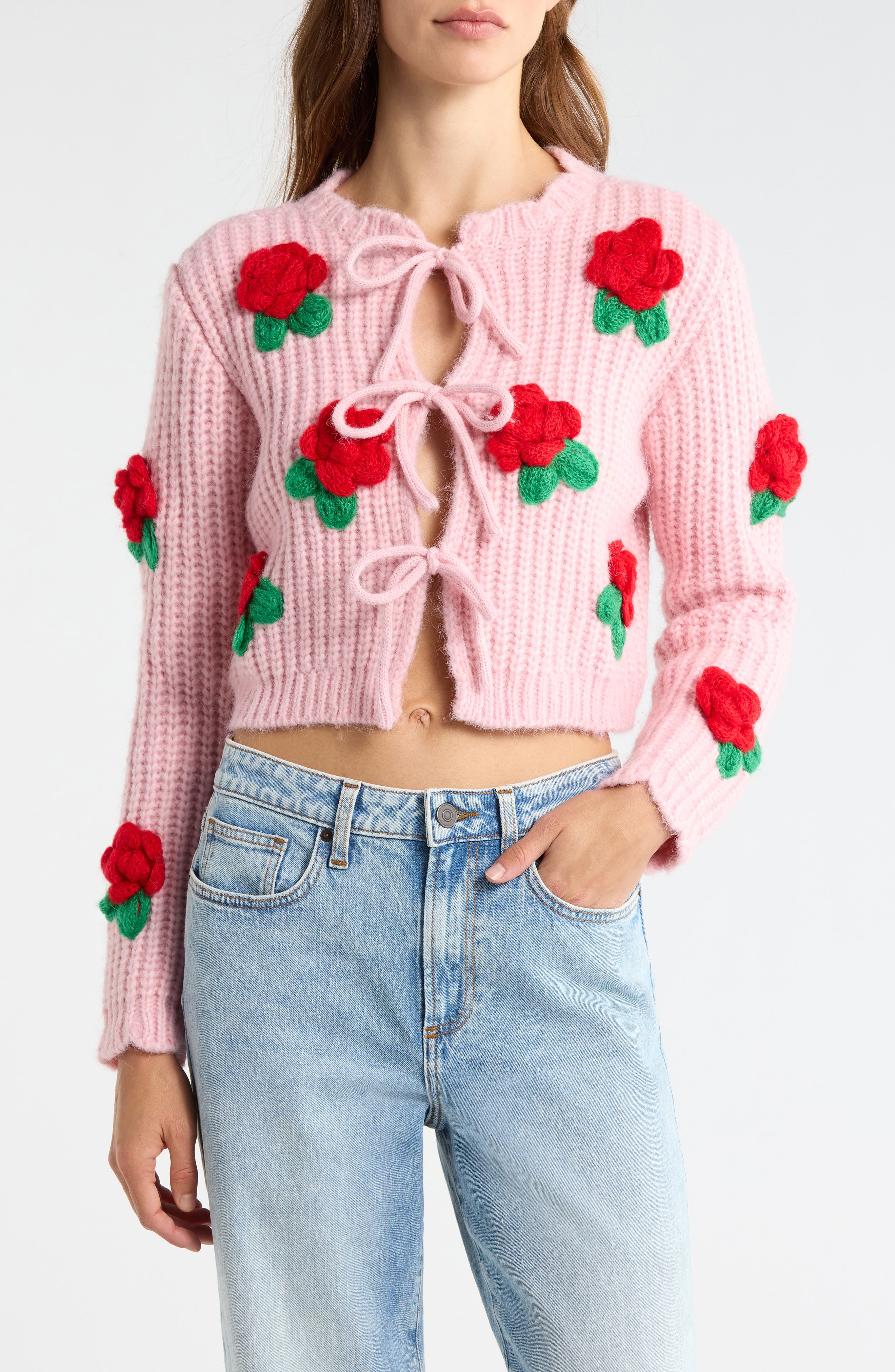 3D Flower Chunky Tie Front Cardigan