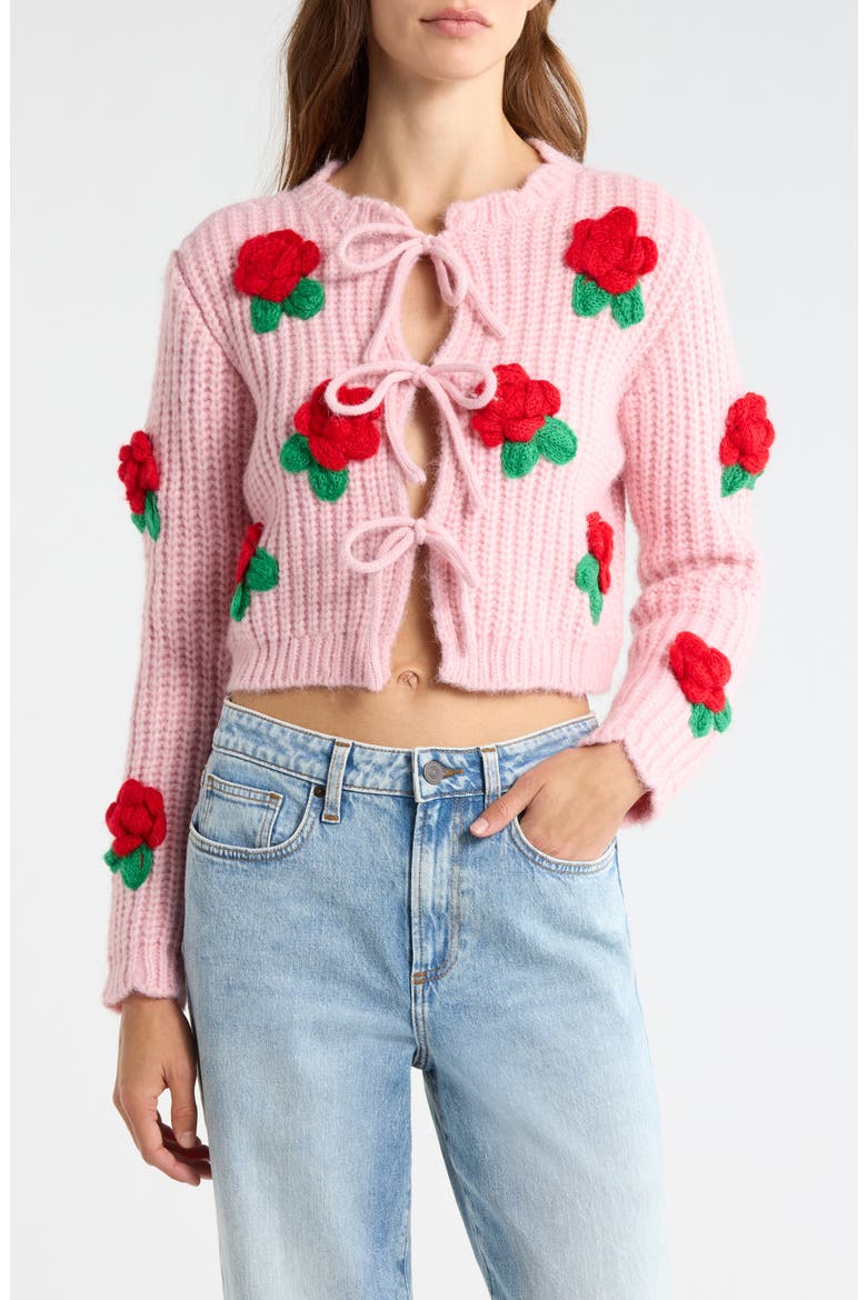 3D Flower Chunky Tie Front Cardigan, Main, color, PINK