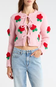 All in Favor 3D Flower Chunky Tie Front Cardigan