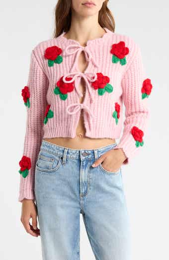 3D Flower Chunky Tie Front Cardigan