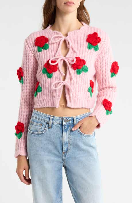 3D Flower Chunky Tie Front Cardigan