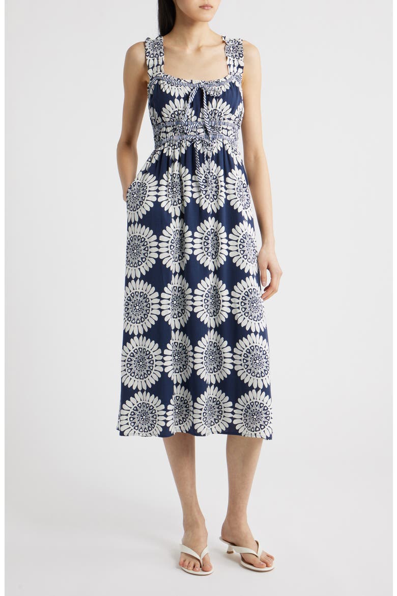 Shirred Bodice Midi Sundress, Main, color, NAVY