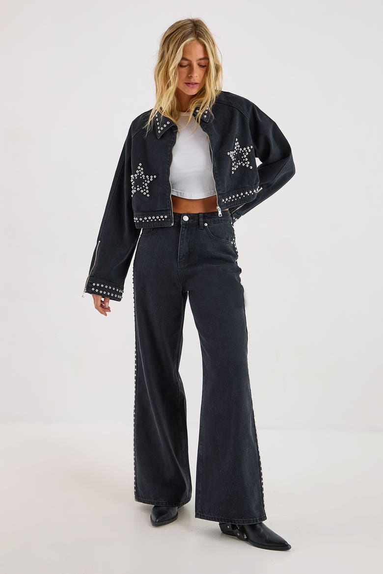 Studded Denim Jacket, Alternate, color, Washed Black