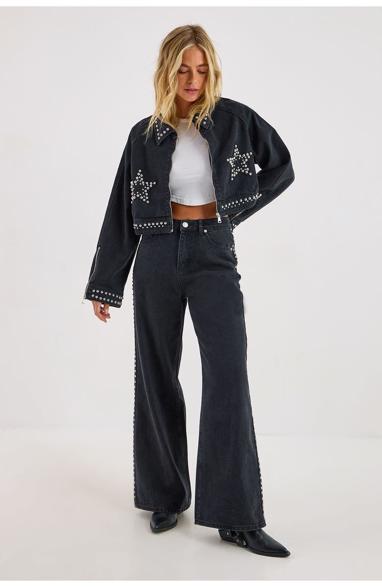 NASTY GAL Studded Denim Jacket, Alternate, color, Washed Black
