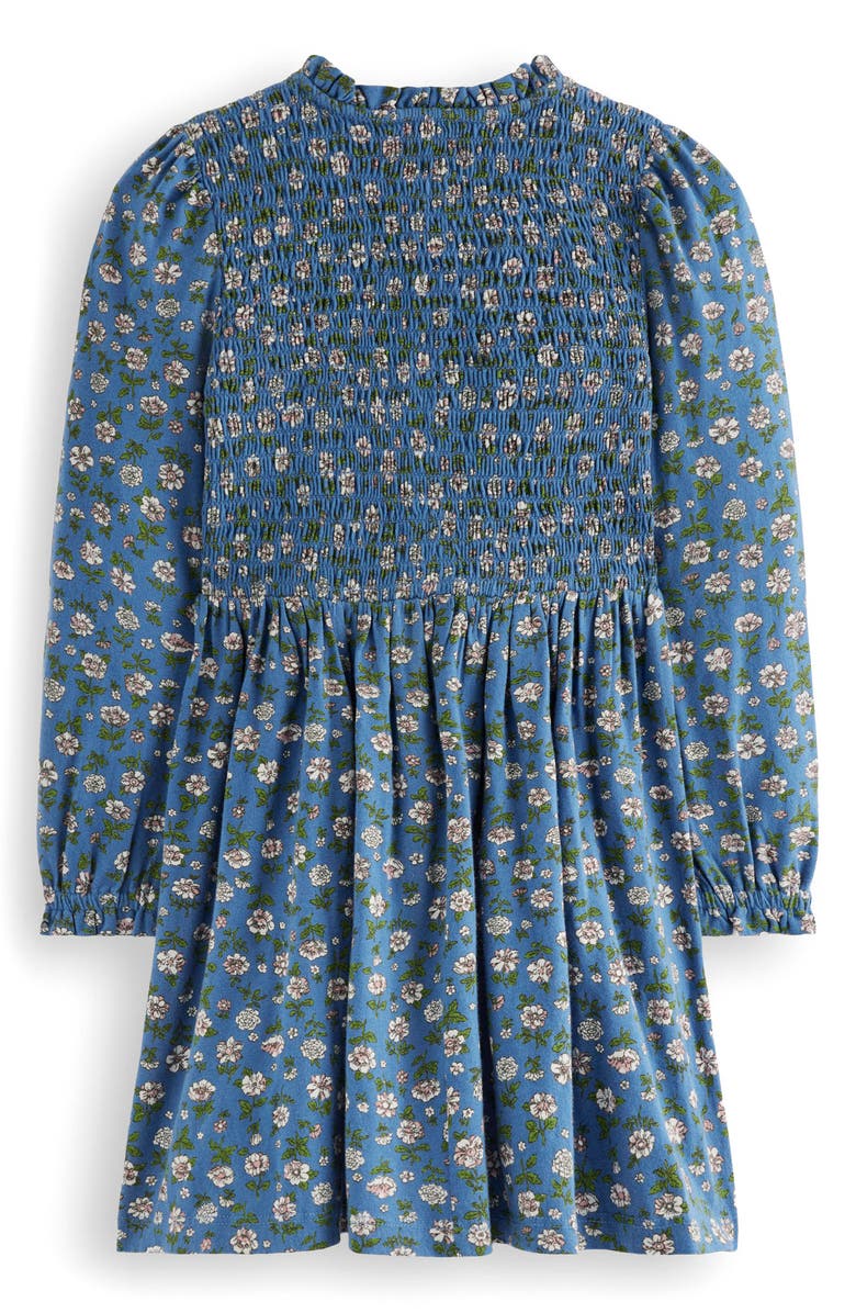 Mini Boden Kids' Floral Long Sleeve Smocked Bodice Cotton Jersey Dress, Alternate, color, Bluejay Garden Flower