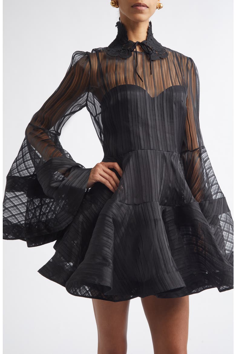 Valiant Lantern Stripe Long Sleeve Silk Minidress, Alternate, color, BLACK