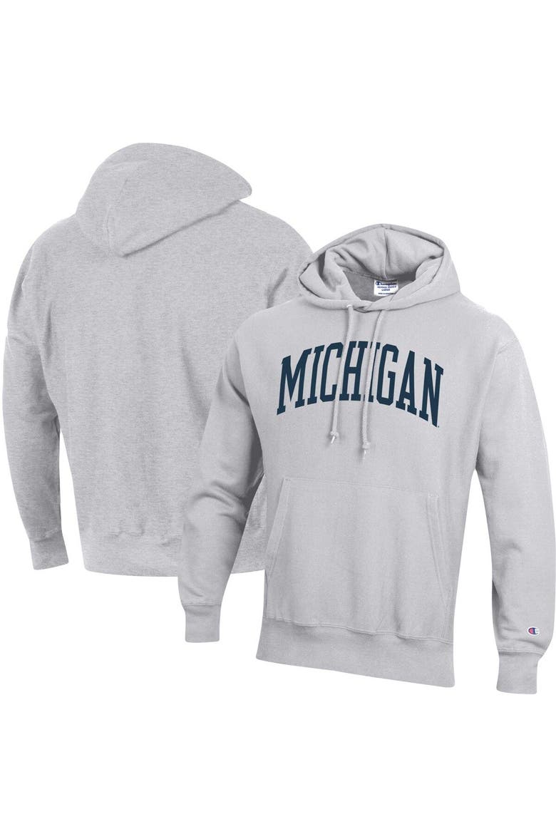 Men's Champion Heathered Gray Michigan Wolverines Team Arch Reverse Weave Pullover Hoodie, Main, color, Heather Gray