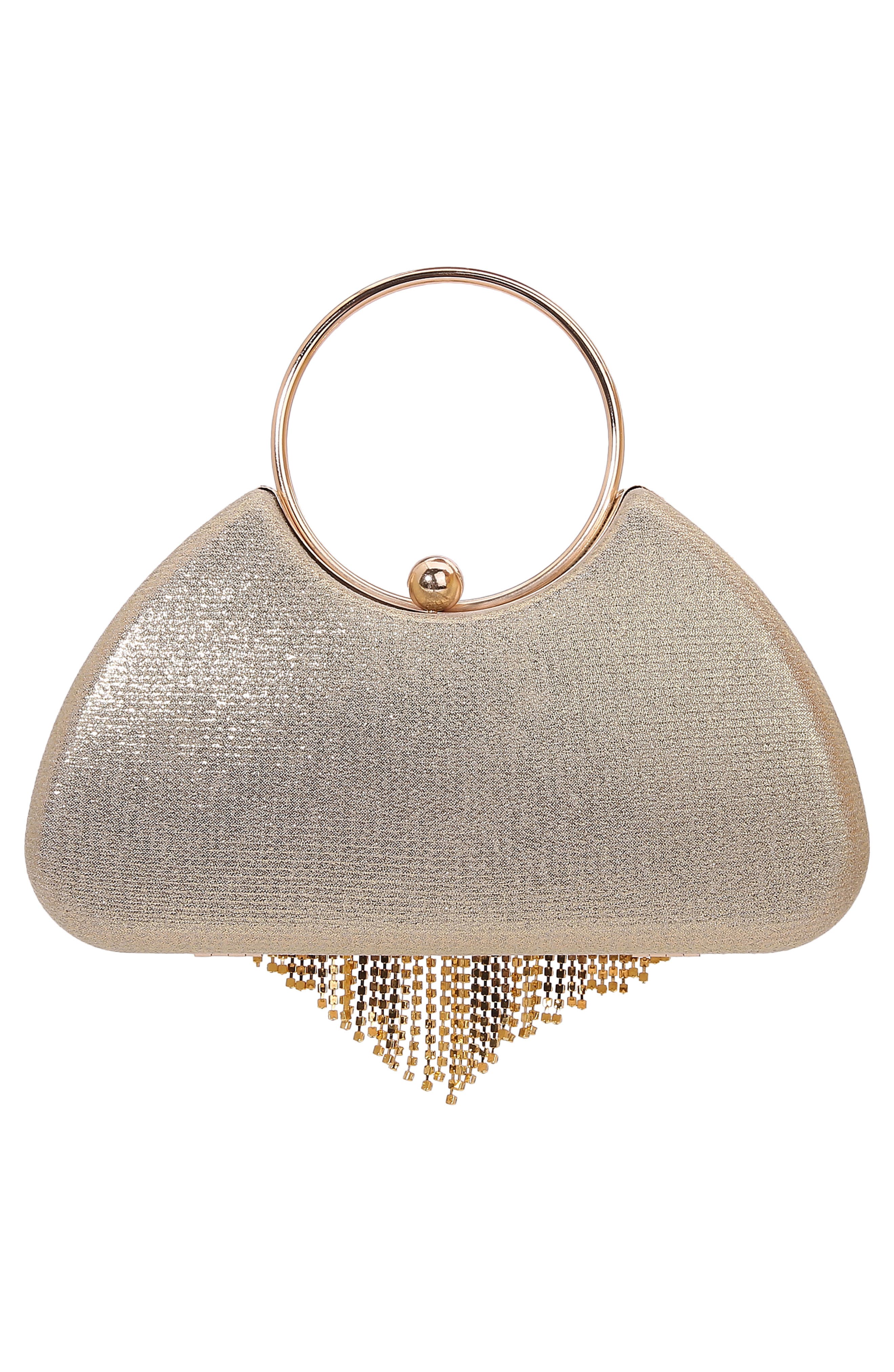 Circle Handle Rhinestone Fringe Clutch, Alternate, color, GOLD